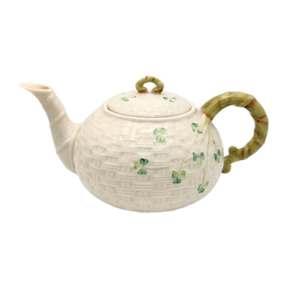 Vintage Belleek Ireland Shamrock Basketweave Teapot 7th Gold Mark Fine China